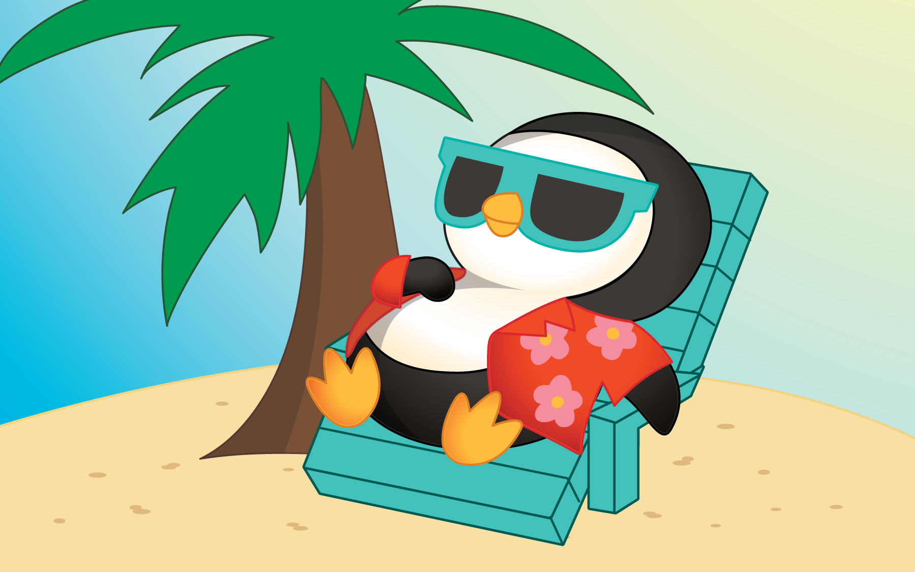 A penguin in a Hawaiian shirt with sunglasses sunbathing under a palm tree