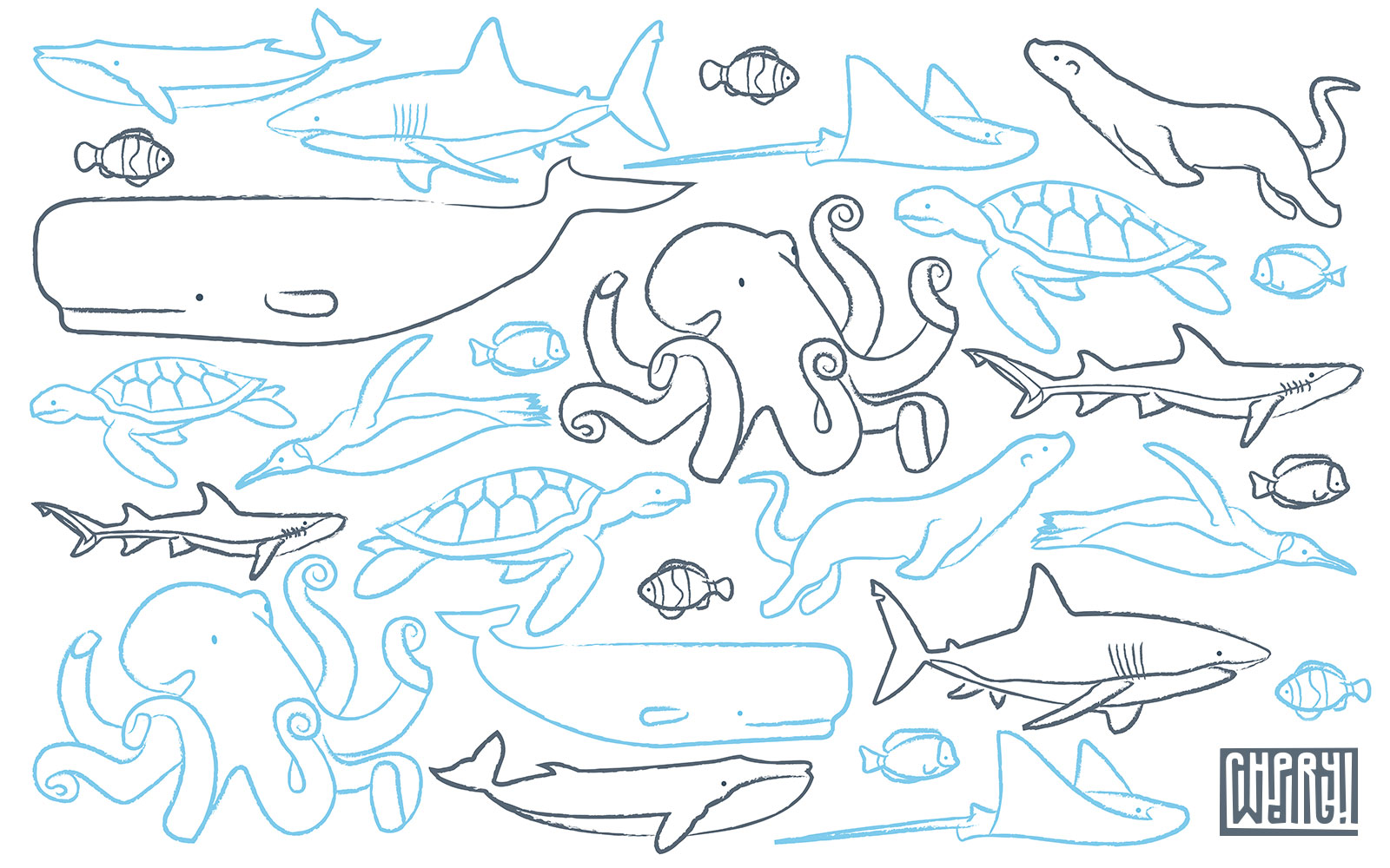 Line art of aquarium animals