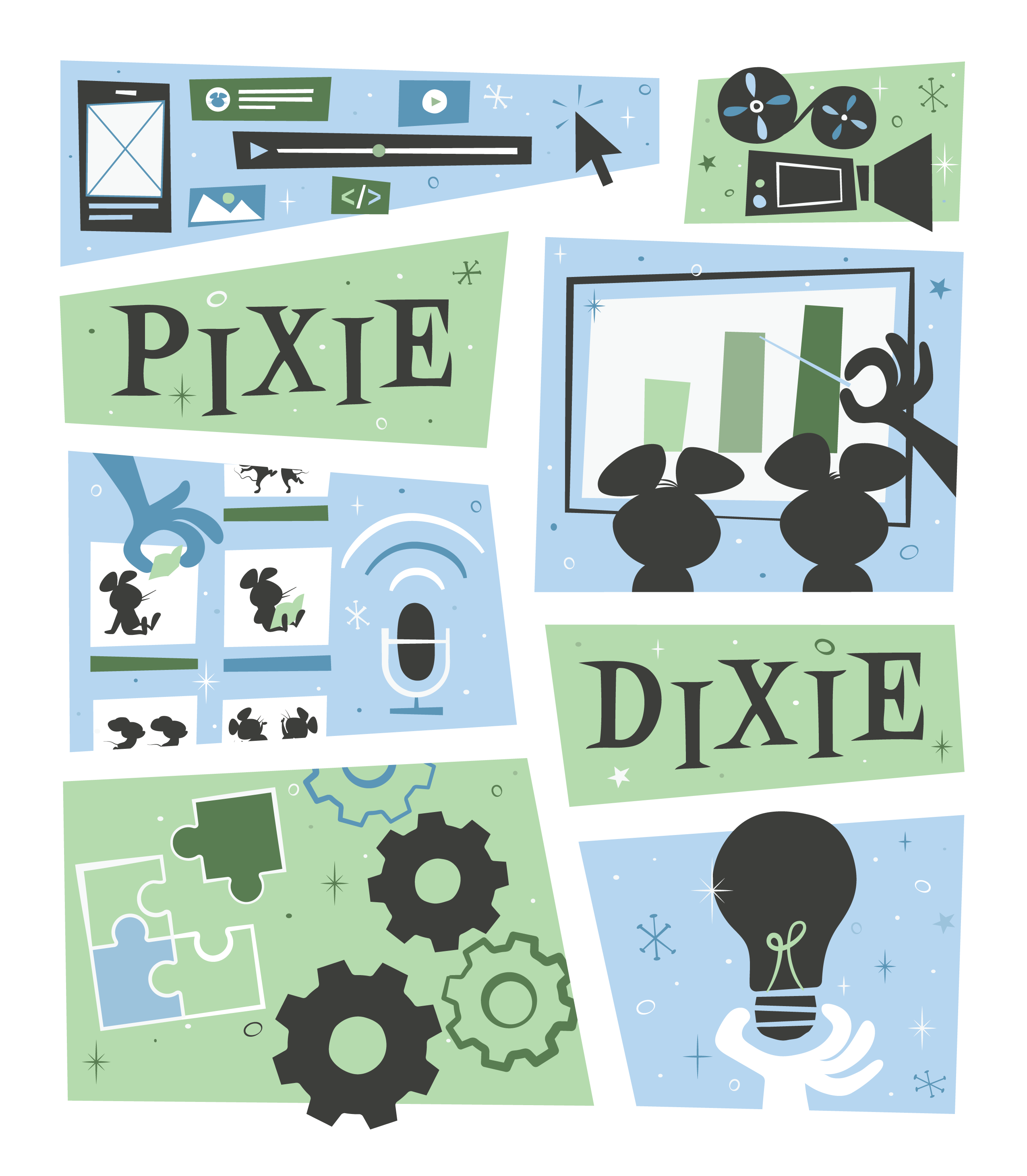 Retro 60s character design of two mice with learning experience design illustrations