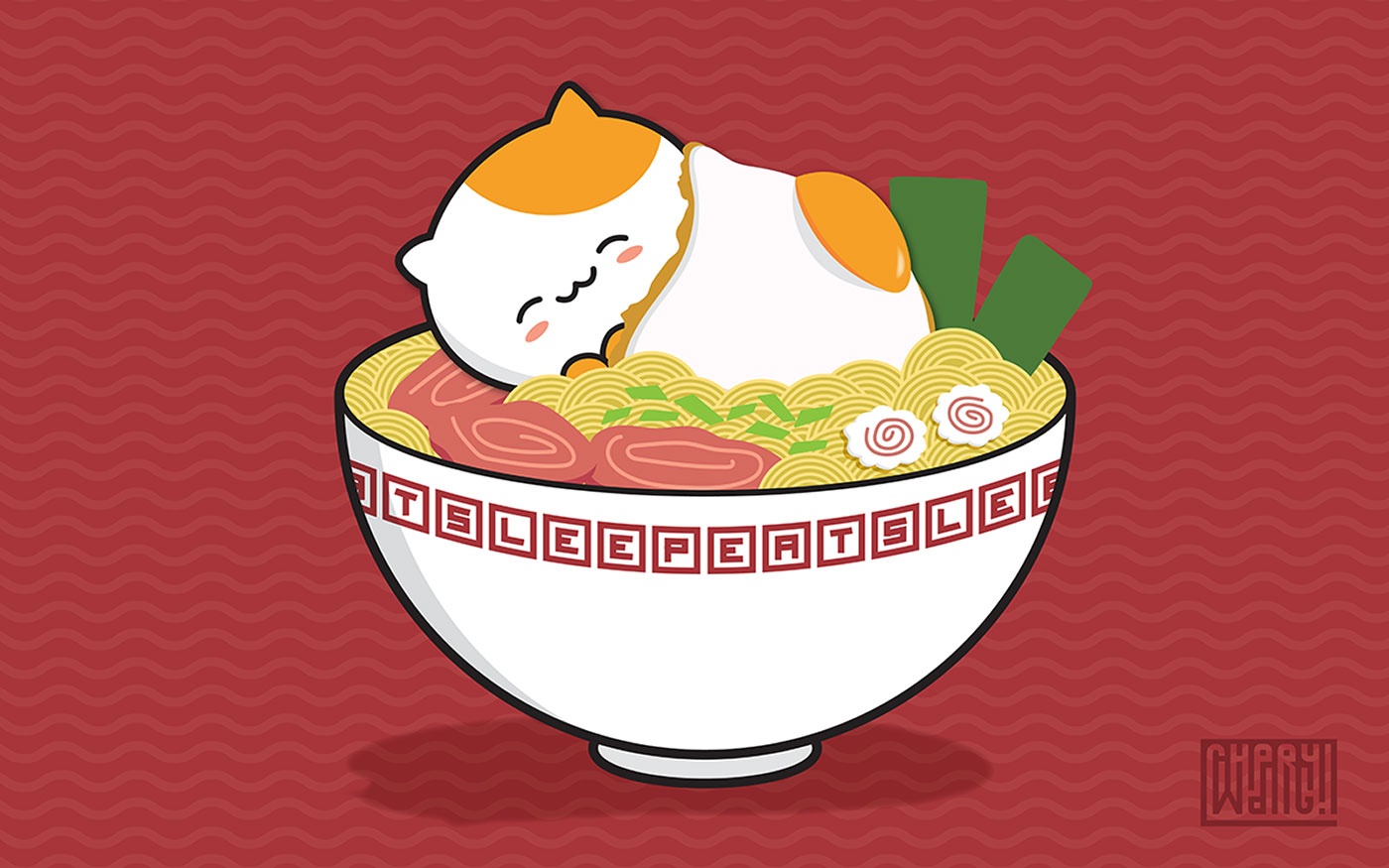 Cat sleeping in a bowl of ramen