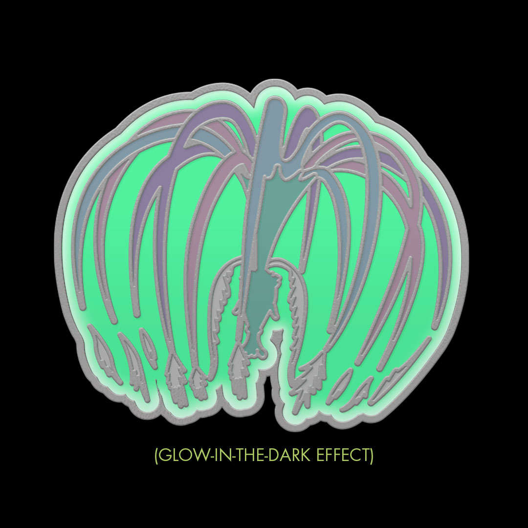 Woodsprite metal pin with glow-in-the-dark effect