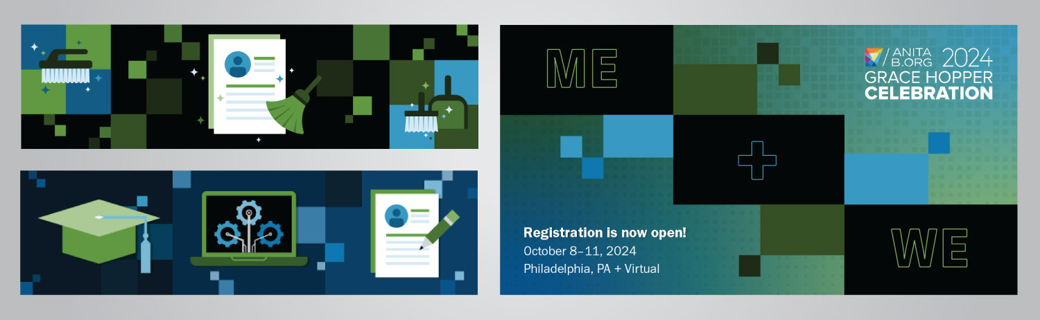 Two newsletter banners and a Grace Hopper event graphic