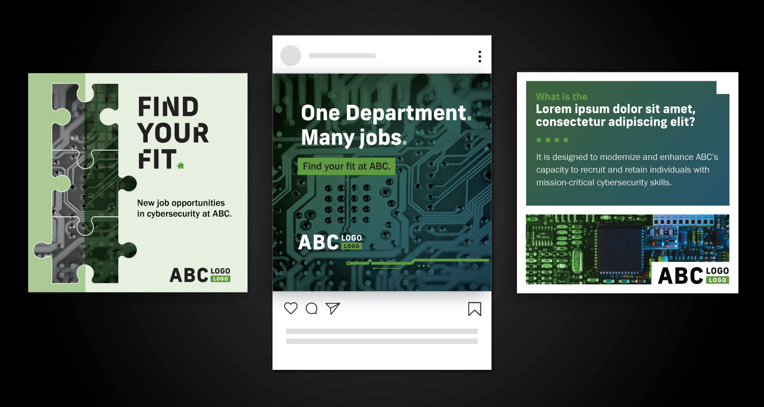 Three social media posts displayed side-by-side with the middle graphic overlayed on an Instagram UI
