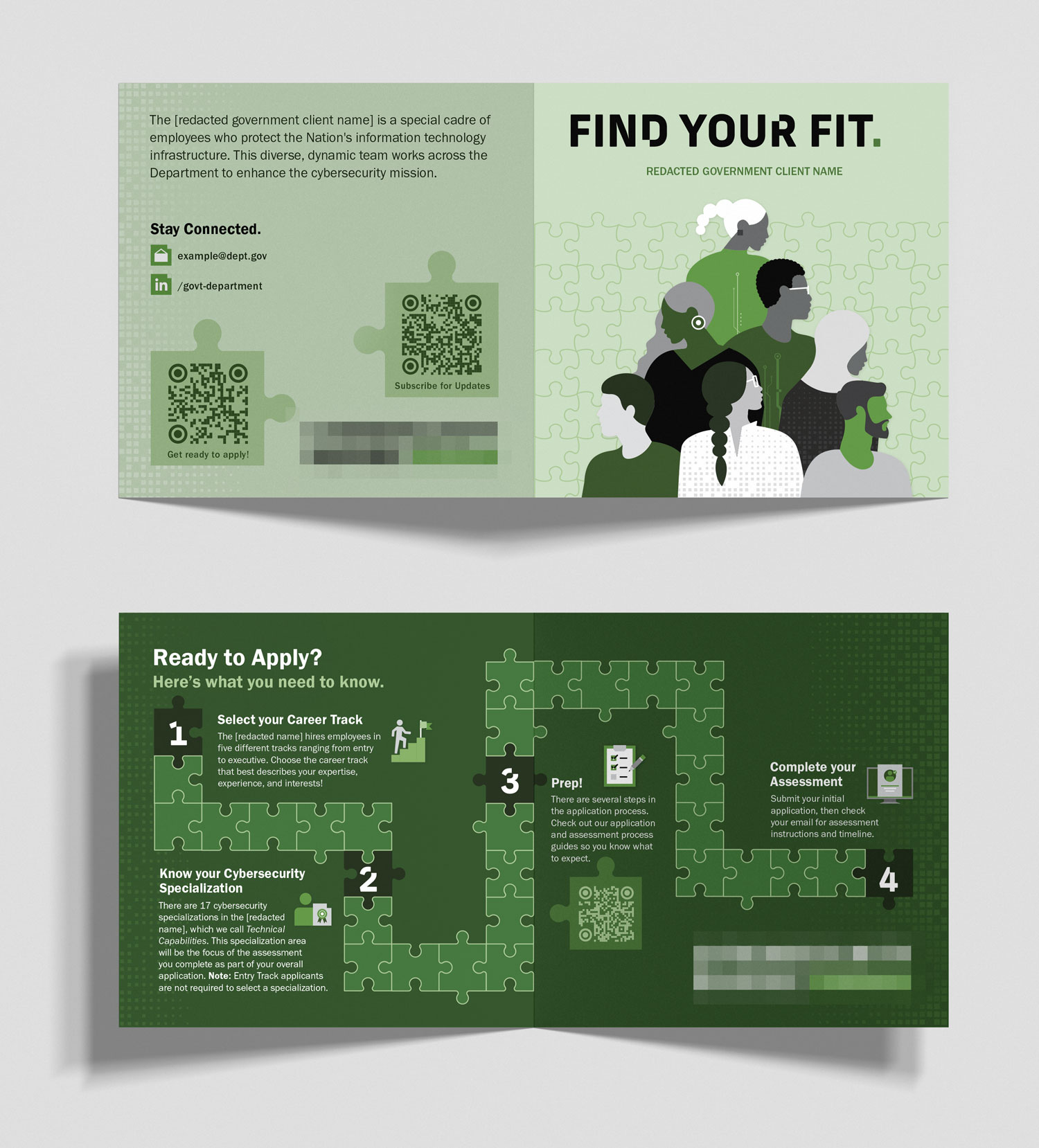 A puzzle-themed square brochure designed with a diverse vector illustrations of people on the front and a puzzle themed application timeline on the inside.