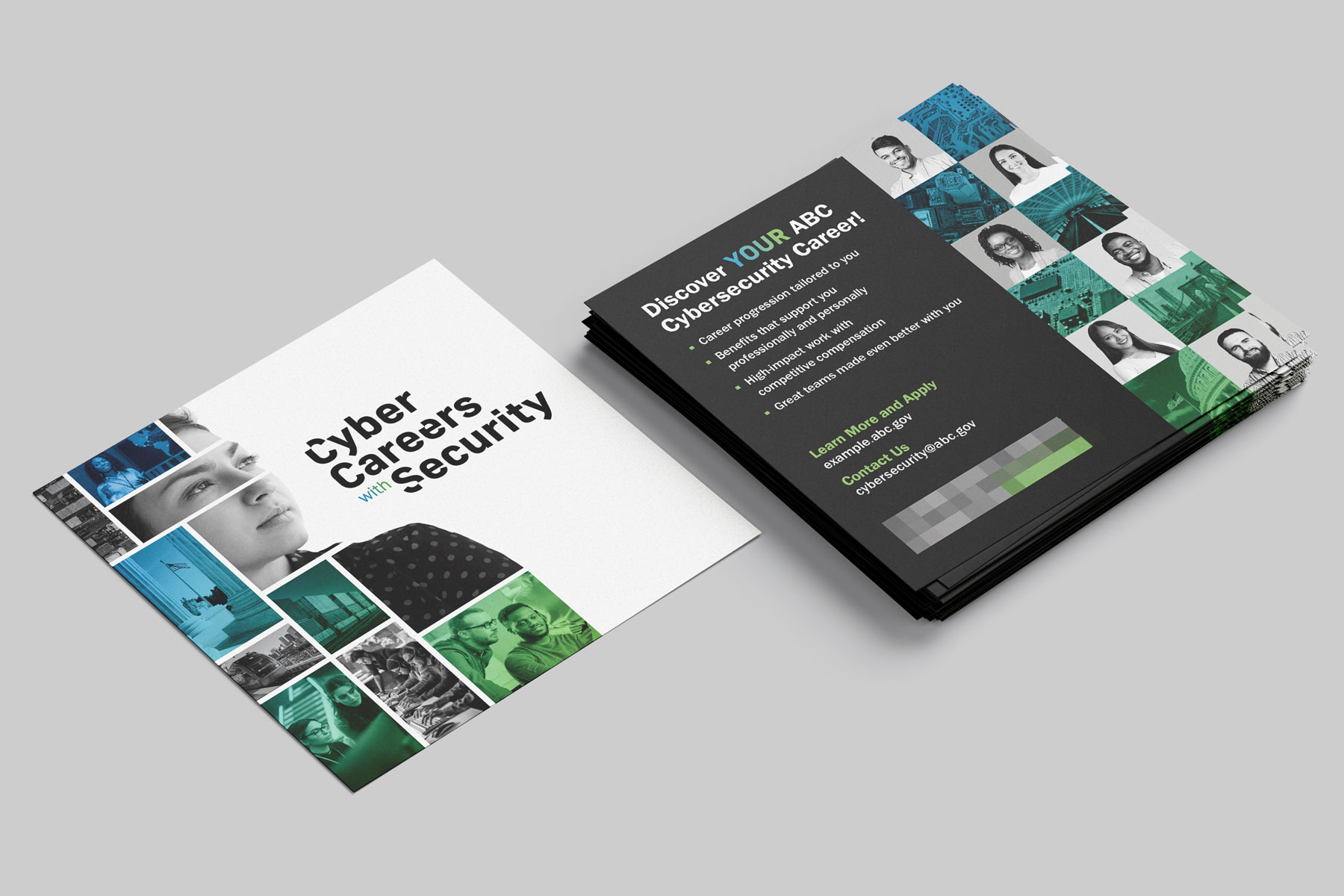 A square flyer with a woman looking to the side on the front with collaged pieces of buildings and people around her. On the back is text with an alternating 2x6 grid of headshots of employees and buildings.