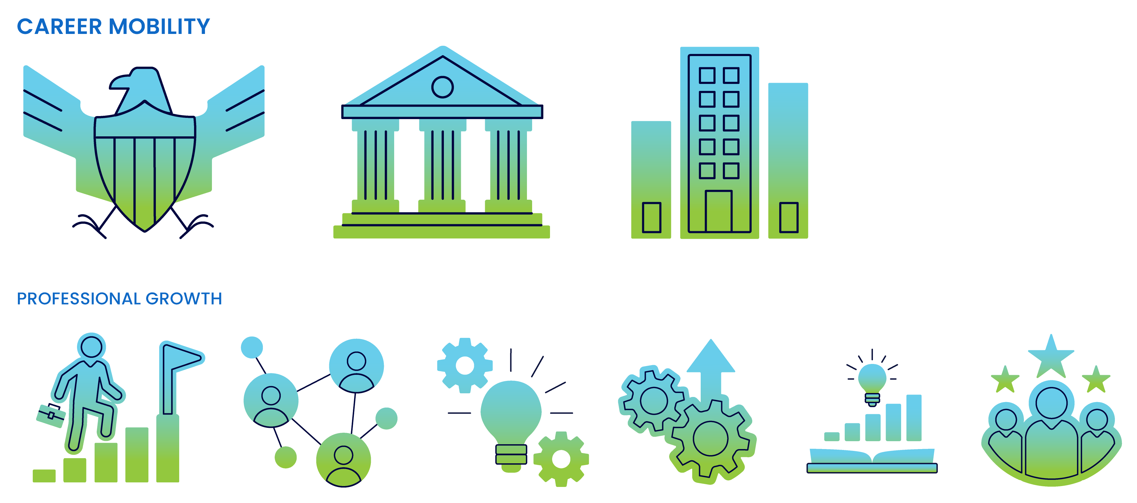 A filled and stroked mixed icon set with blue and green gradients