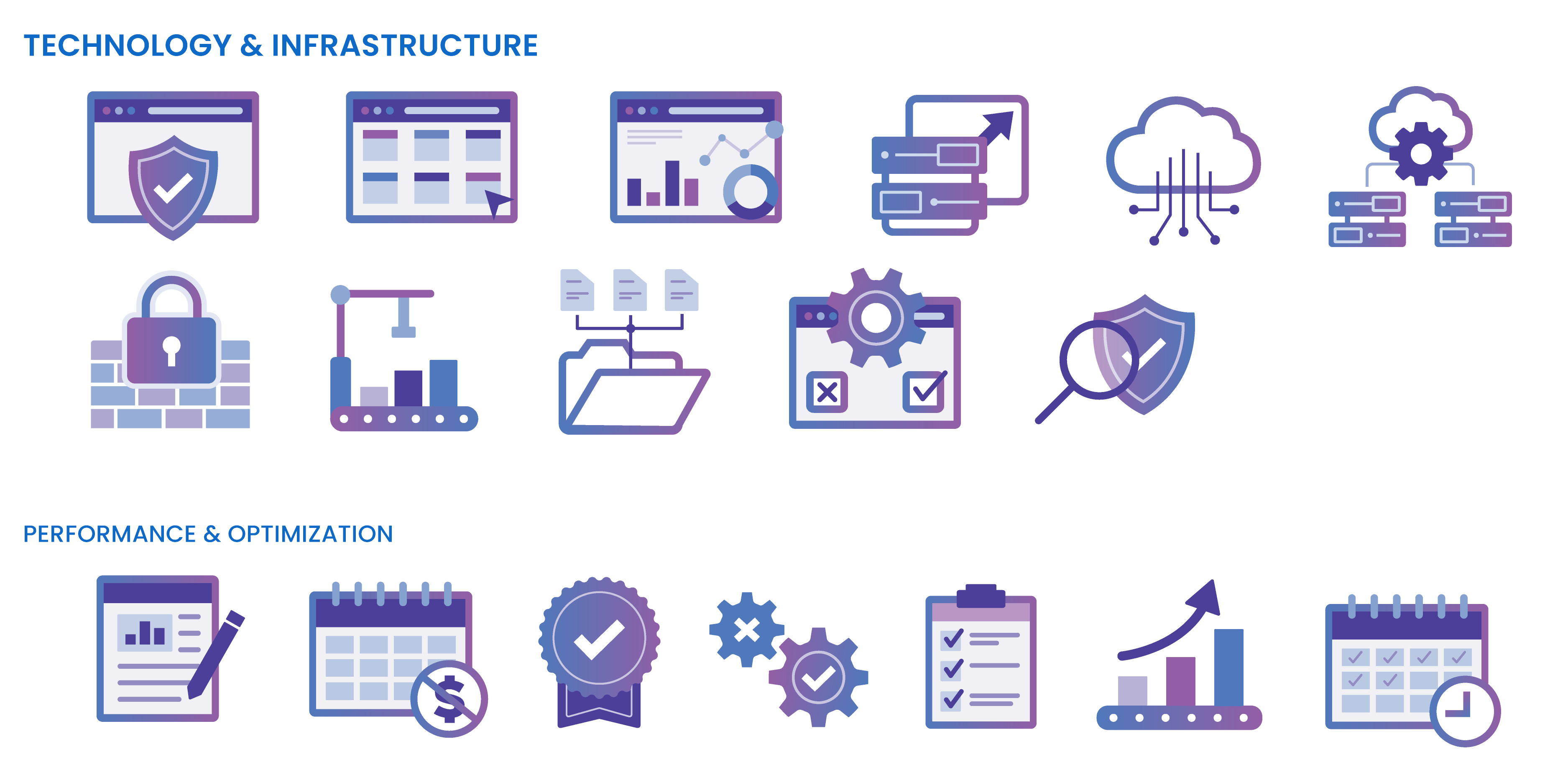 A filled and stroked mixed icon set with purple and blue gradients