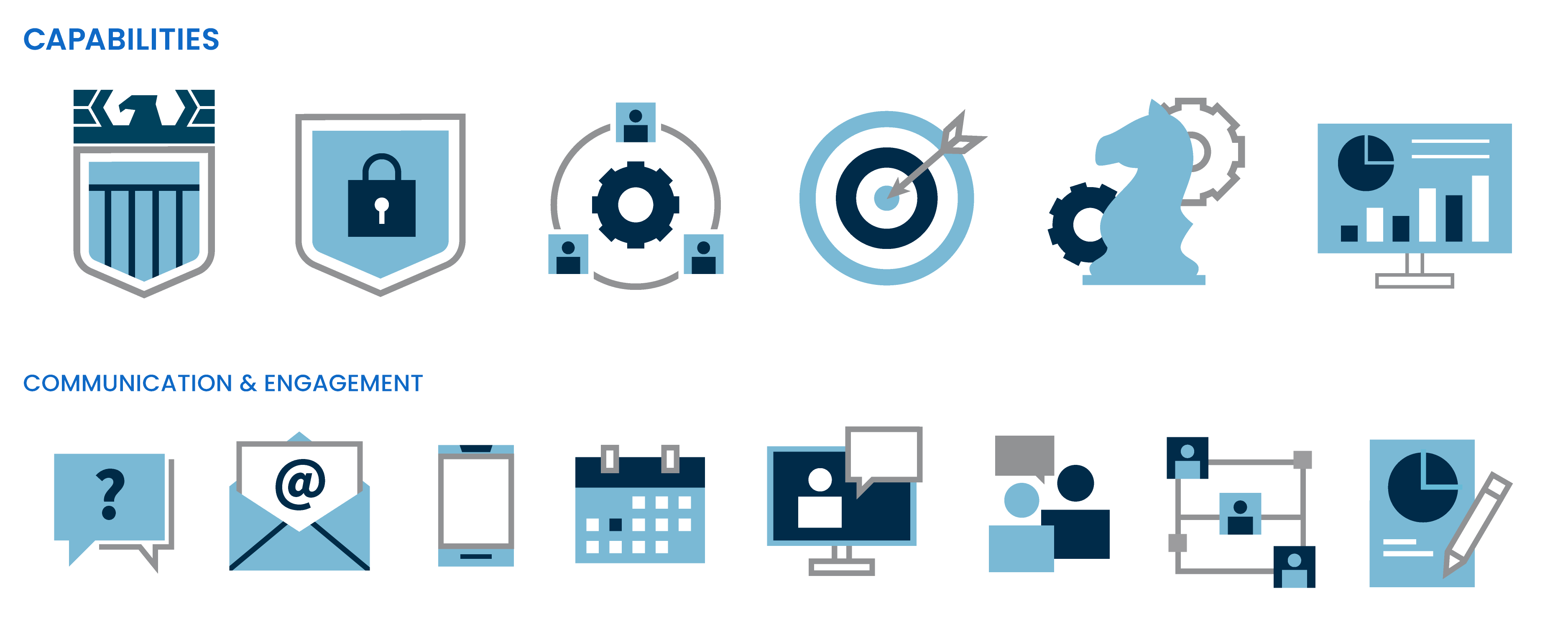 A filled and stroked mixed icon set with a medium blue, light blue, and gray color palette