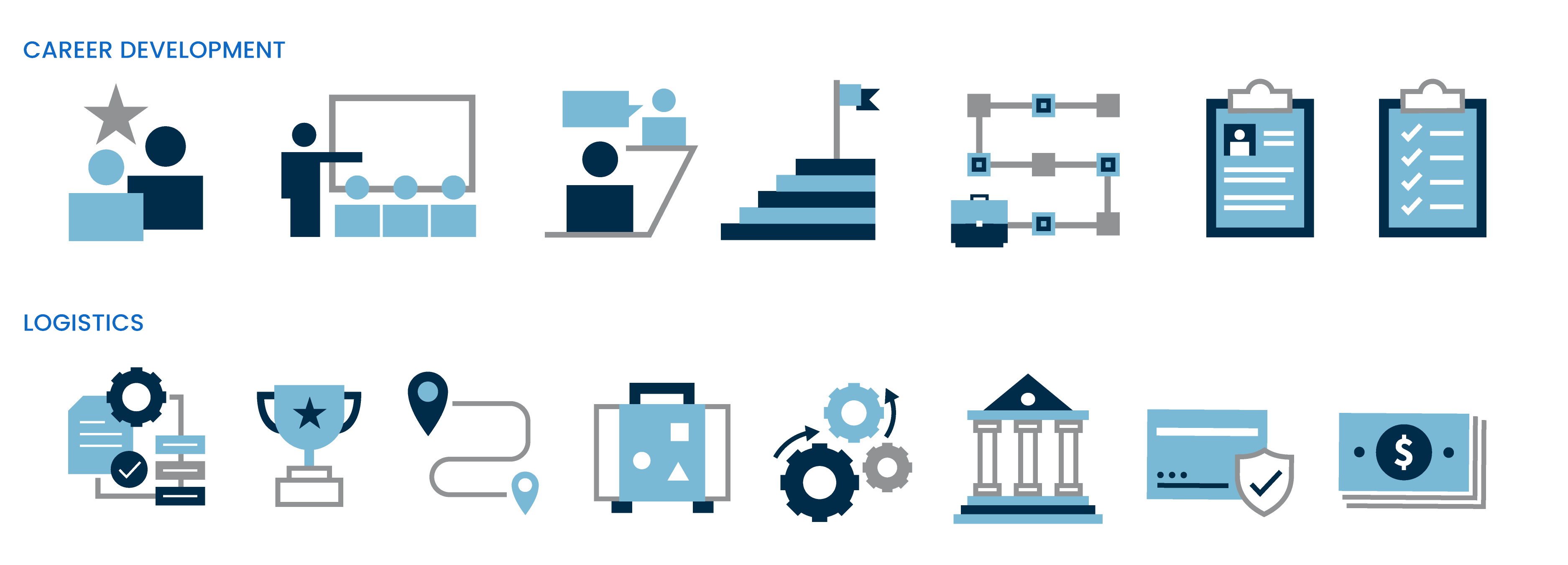 A filled and stroked mixed icon set with a medium blue, light blue, and gray color palette