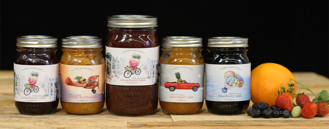 Five jam jars photographed with fruit on the side