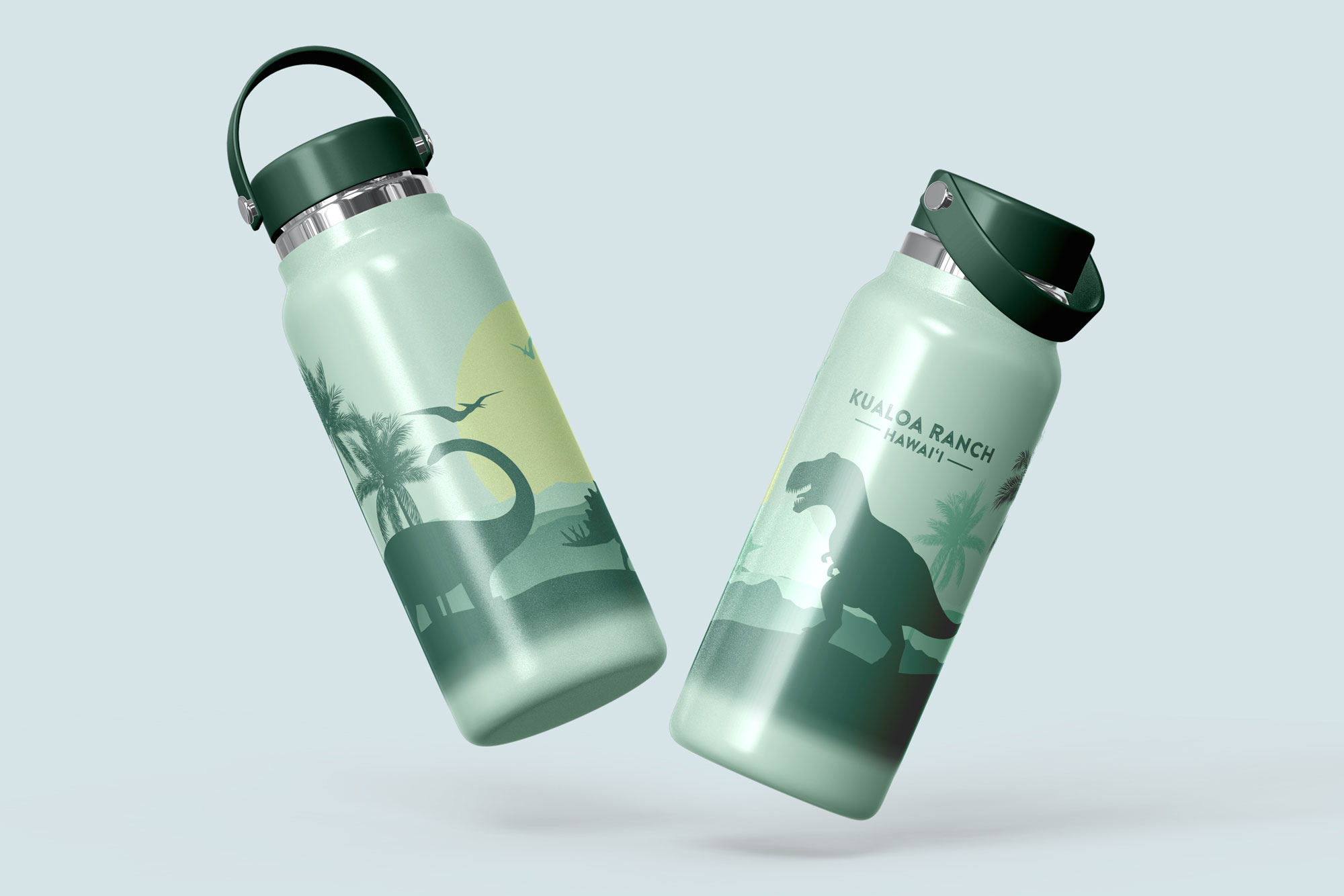 Minimalist dinosaur art on a stainless steel water bottle with a dark green lid with handles