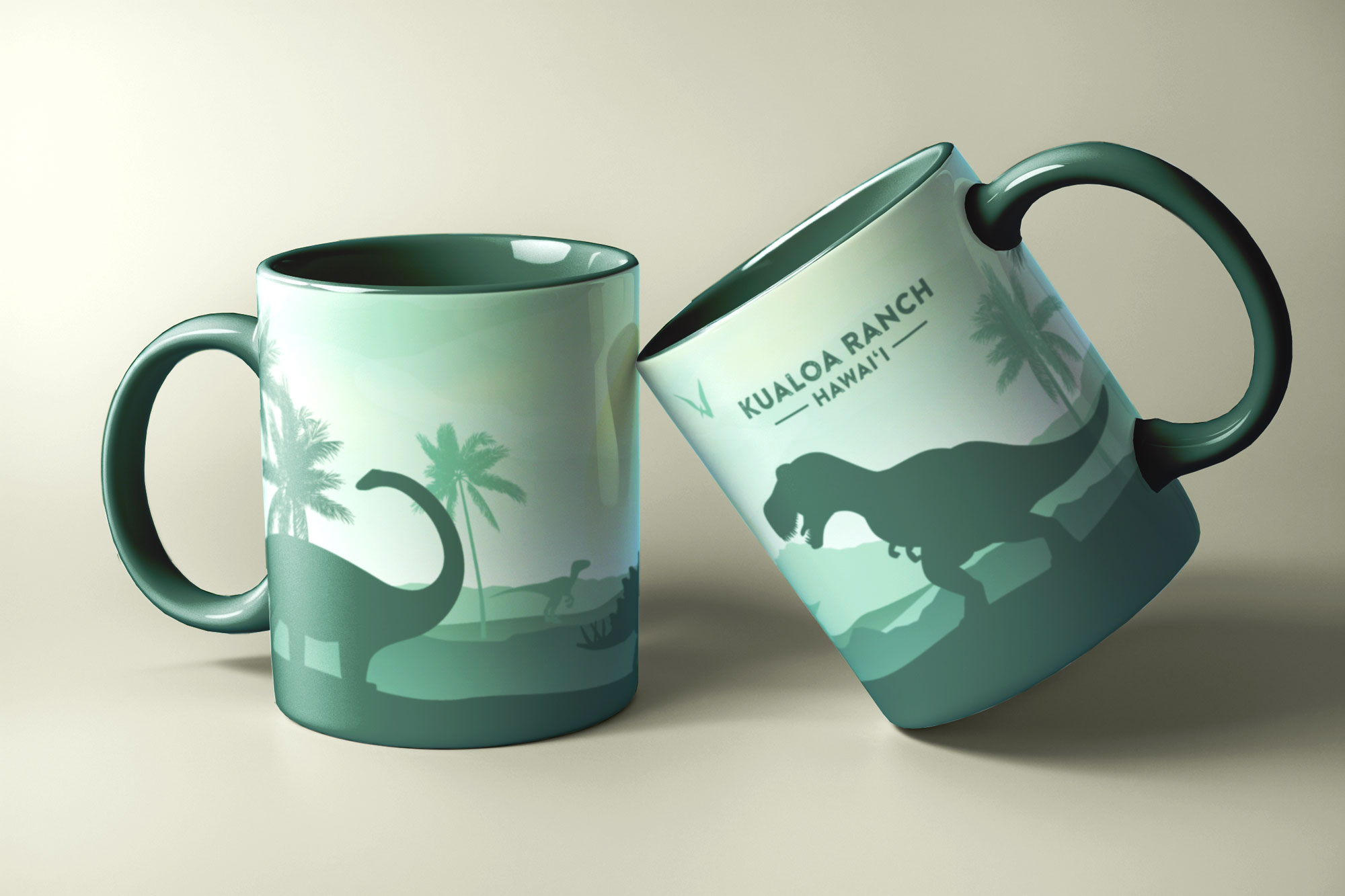 Minimalist dinosaur art that spans across the entire exterior of a ceramic mug with dark green handles