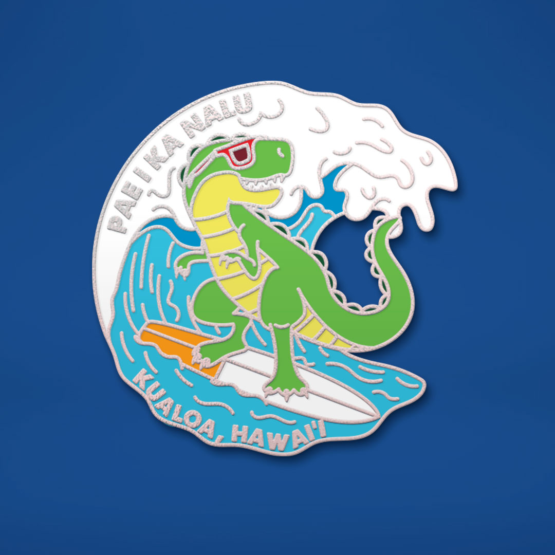 Surfing T-rex enamel pin