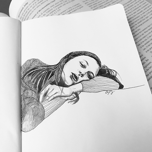 Drawing of girl laying her head down