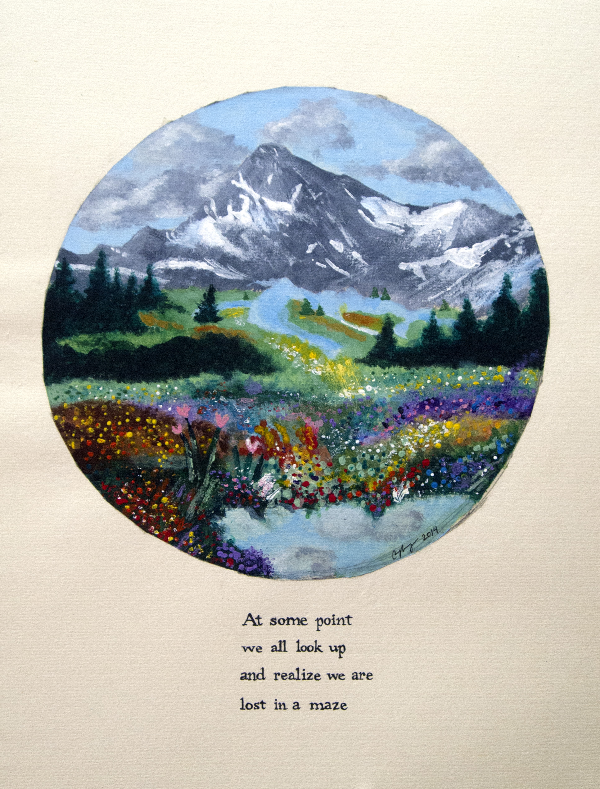 Painting of a field of flowers with a mountain in the background