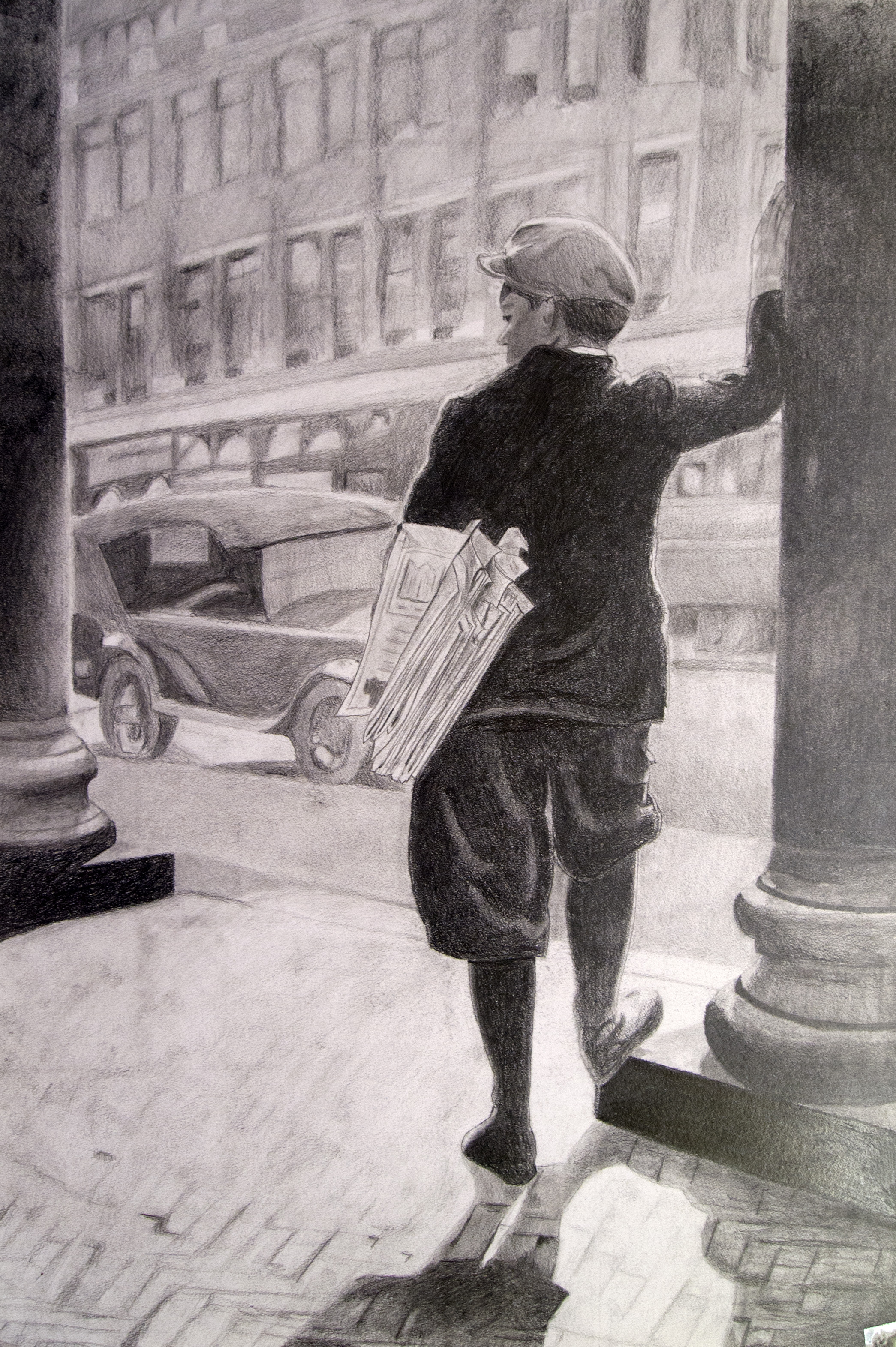 Pencil drawing of a newspaper boy